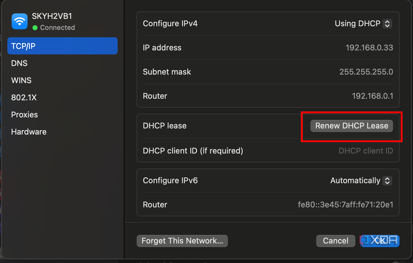 A screenshot showing where to review your DHCP lease.