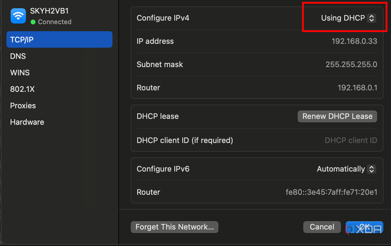 Screenshot showing DHCP as an option on mac