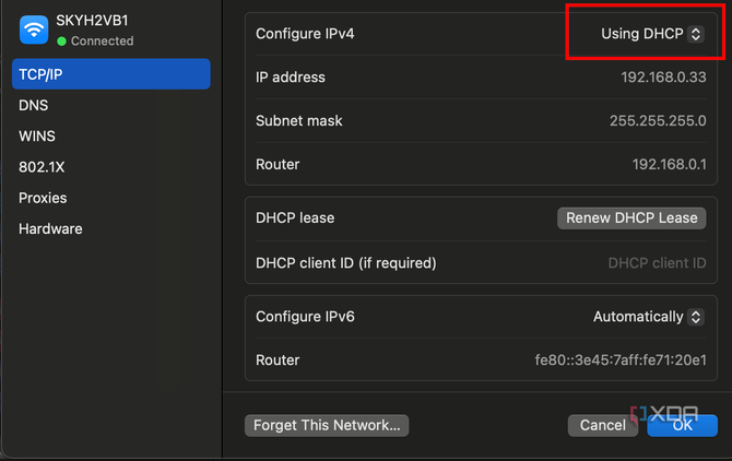 Screenshot showing DHCP as an option on mac