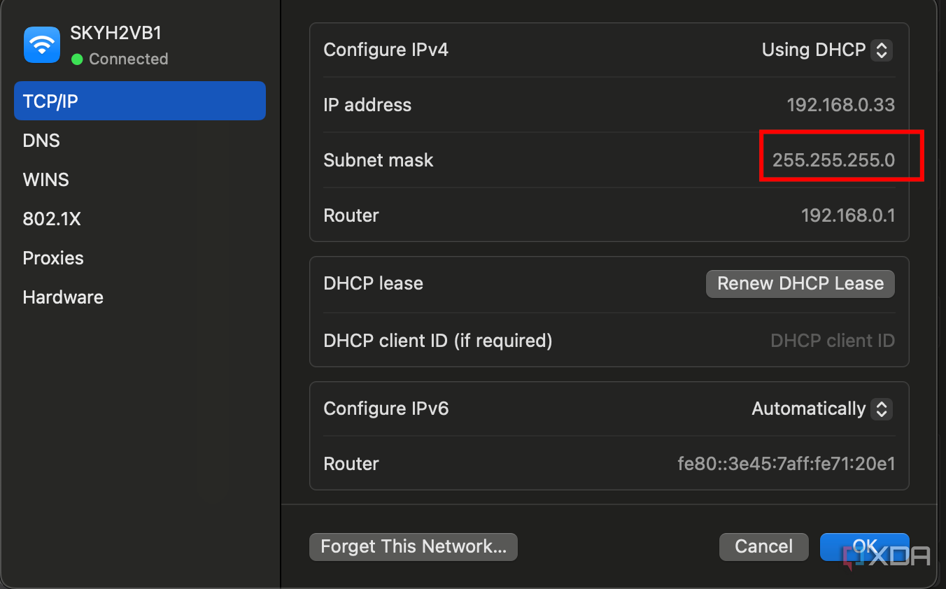 Captura de tela mostrando a máscara de sub-rede nas configurações de rede do MacOS.