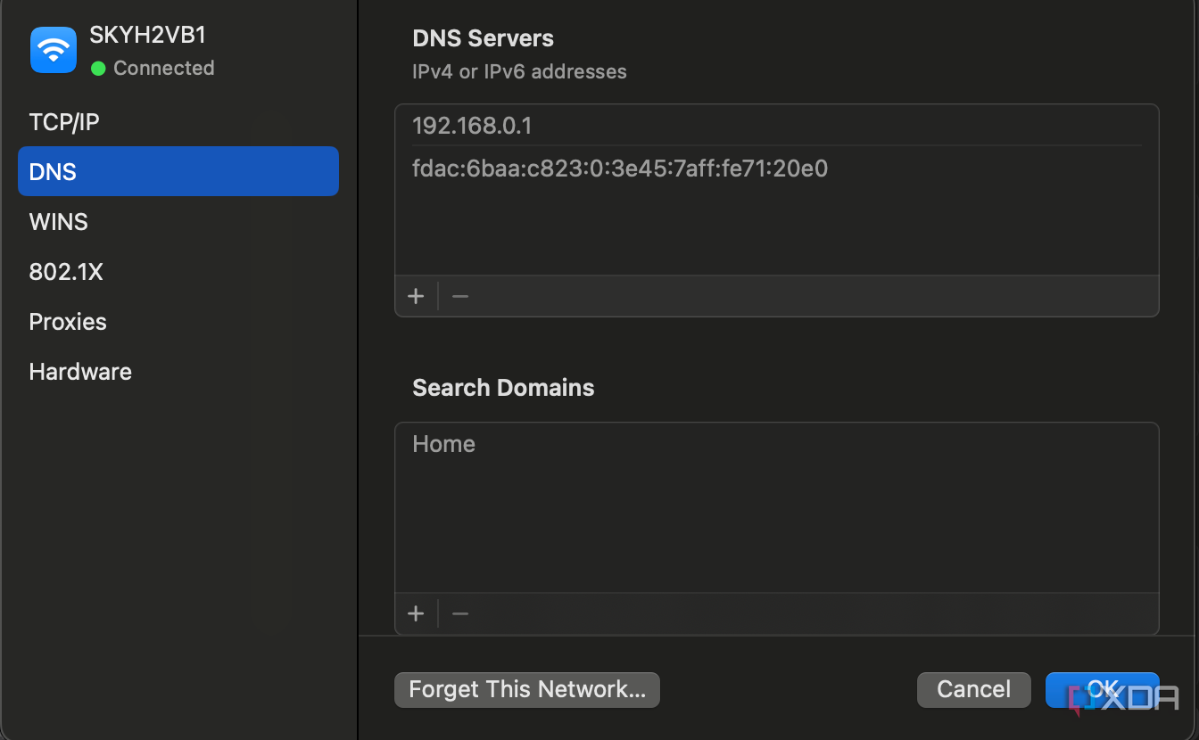 Captura de tela da configuração do servidor DNS MacOs.