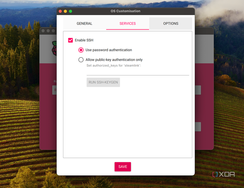 Screenshot of the services tab of the Raspberry Pi Imager.