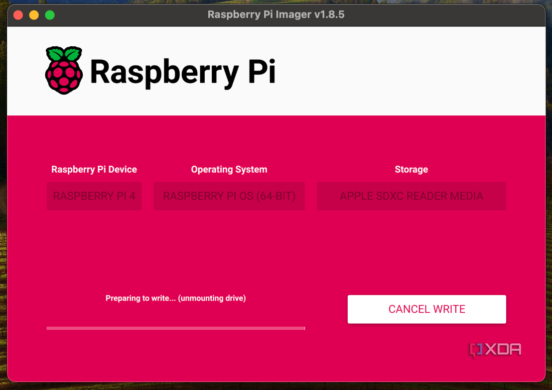 Screenshot of the preparing to write phase of the Raspberry Pi imager.