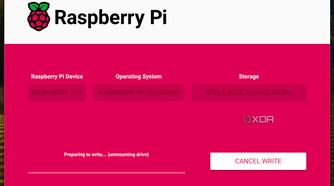Screenshot of the preparing to write phase of the Raspberry Pi imager.
