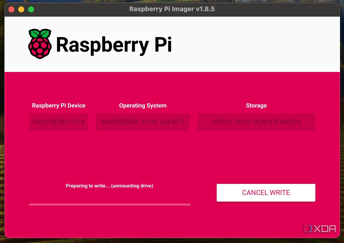 Screenshot of the preparing to write phase of the Raspberry Pi imager.