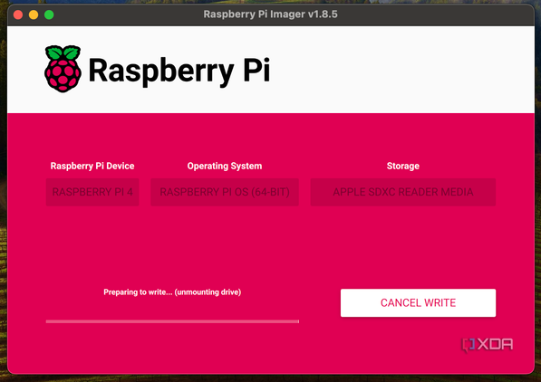 Screenshot of the preparing to write phase of the Raspberry Pi imager.
