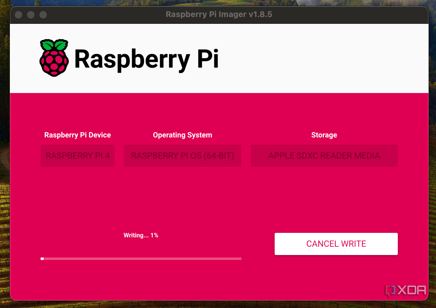 Screenshot of the writing phase of the raspberry pi imager.