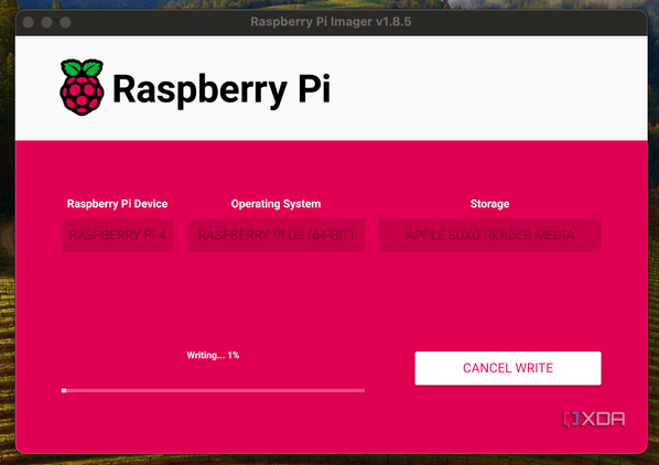 Screenshot of the writing phase of the raspberry pi imager.