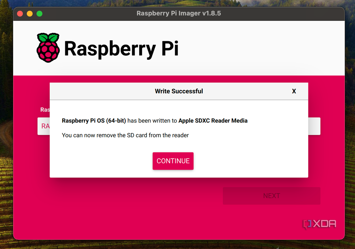 Screenshot of the completed phase of the Raspberry Pi Imager.
