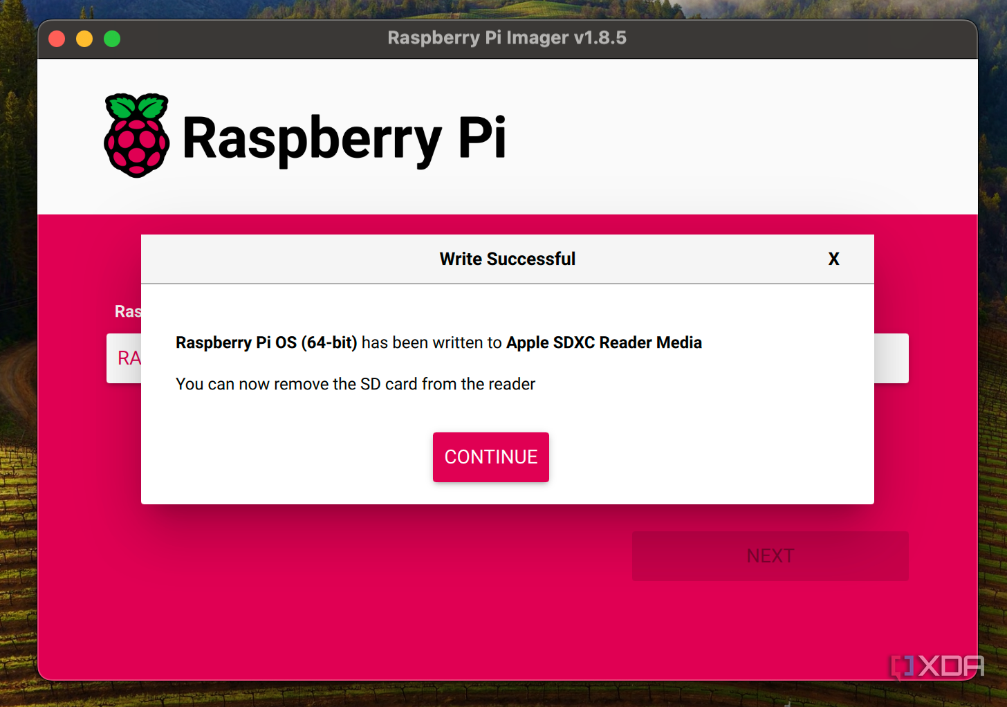 Screenshot of the completed phase of the Raspberry Pi Imager.