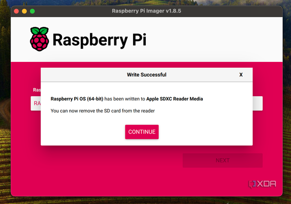 Screenshot of the completed phase of the Raspberry Pi Imager.