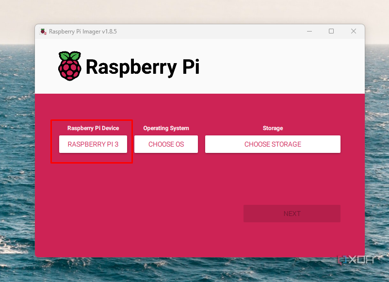 Screenshot of the model select of the Raspberry Pi 3.