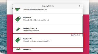 Screenshot of the model select options on the Raspberry PI Imager.