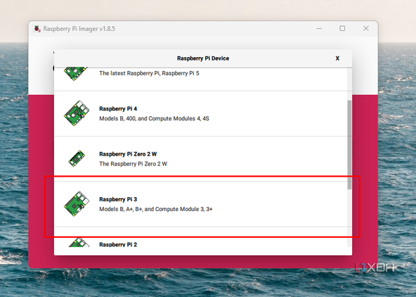 Screenshot of the model select options on the Raspberry PI Imager.