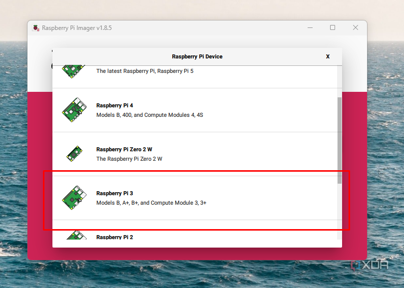 Screenshot of the model select options on the Raspberry PI Imager.