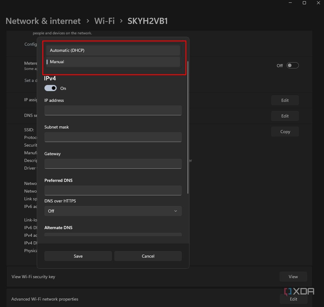 Screenshot showing where the DHCP option is in Windows 11