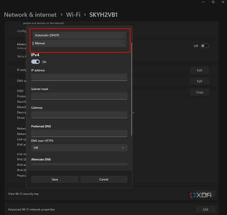 Screenshot showing where the DHCP option is in Windows 11