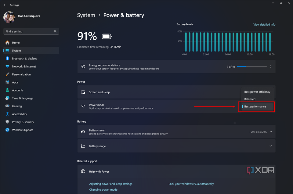 Screenshot of Windows 11 power settings with power mode set to best performance