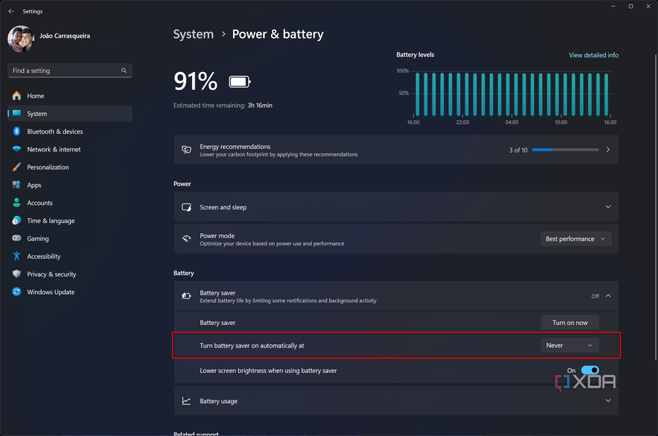 Screenshot of Windows 11 power settings with battery saver set to never turn on automatically