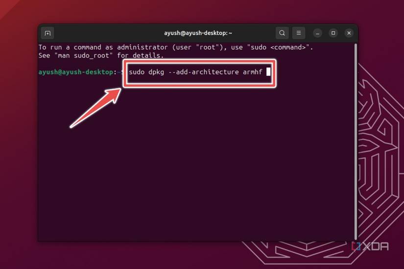 The Ubuntu terminal displaying the command to add multiarch