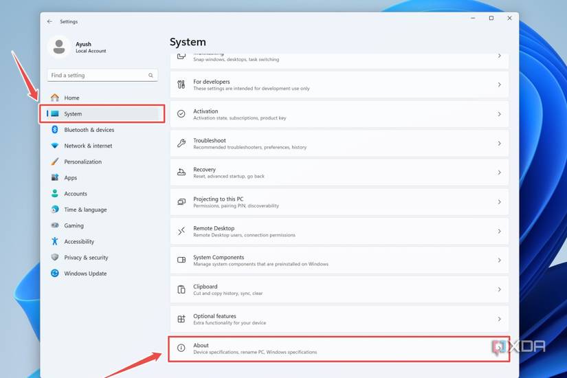 The procedure to open the About tab in Windows Settings