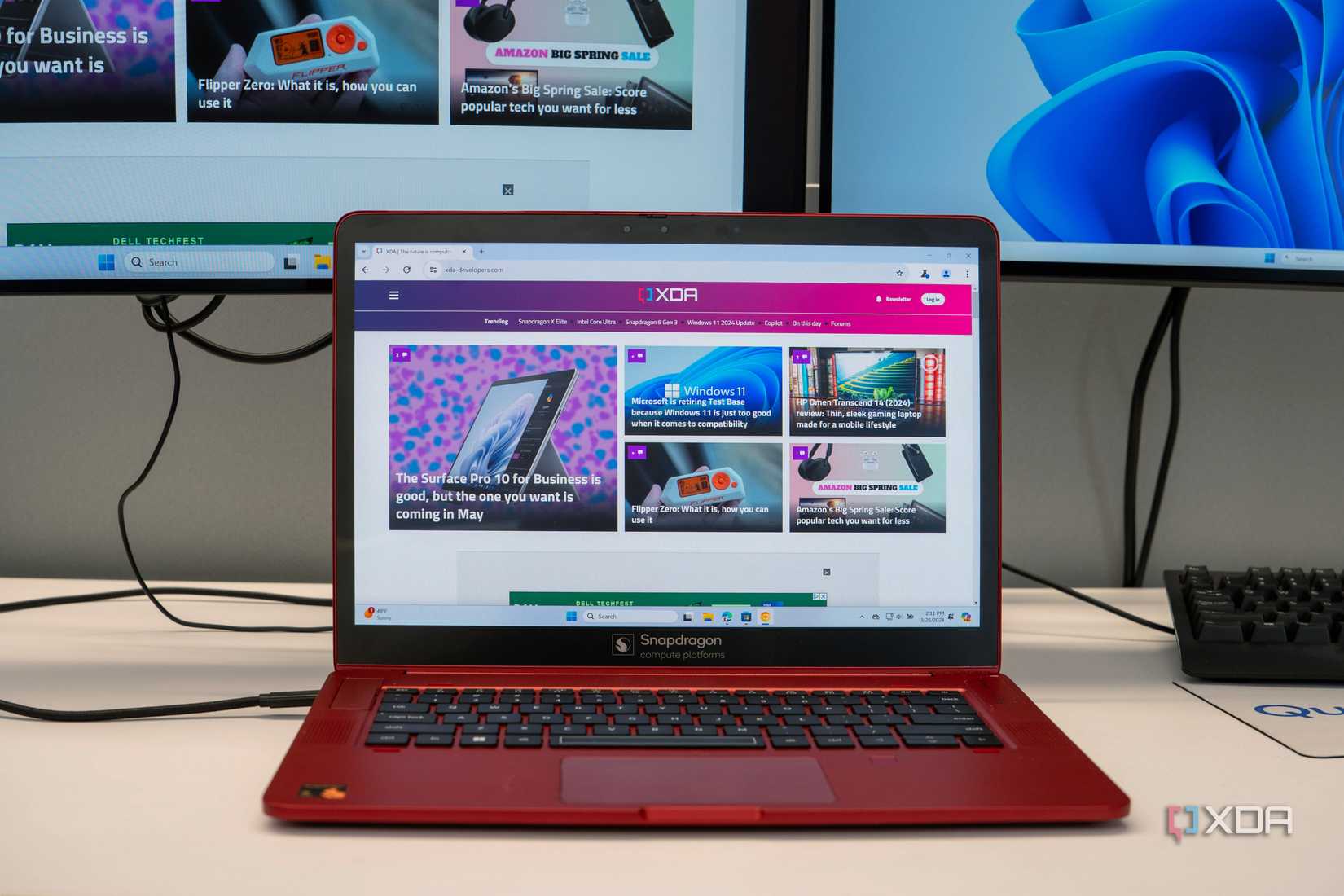 One of the Snapdragon x Elite-powered laptops we tested, in red