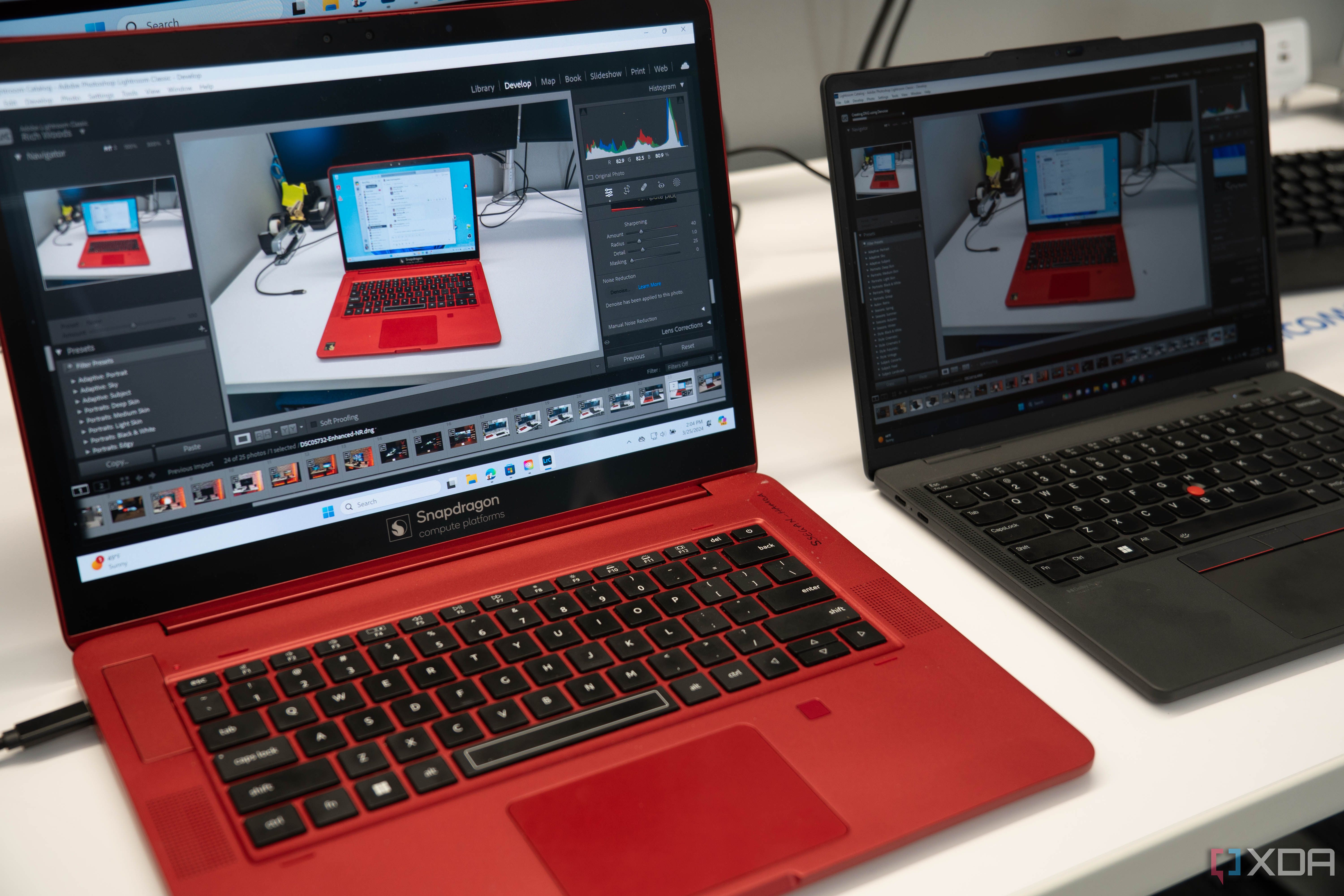 A snapdragon Snapdragon X Elite reference design next to an Intel laptop running the same workload
