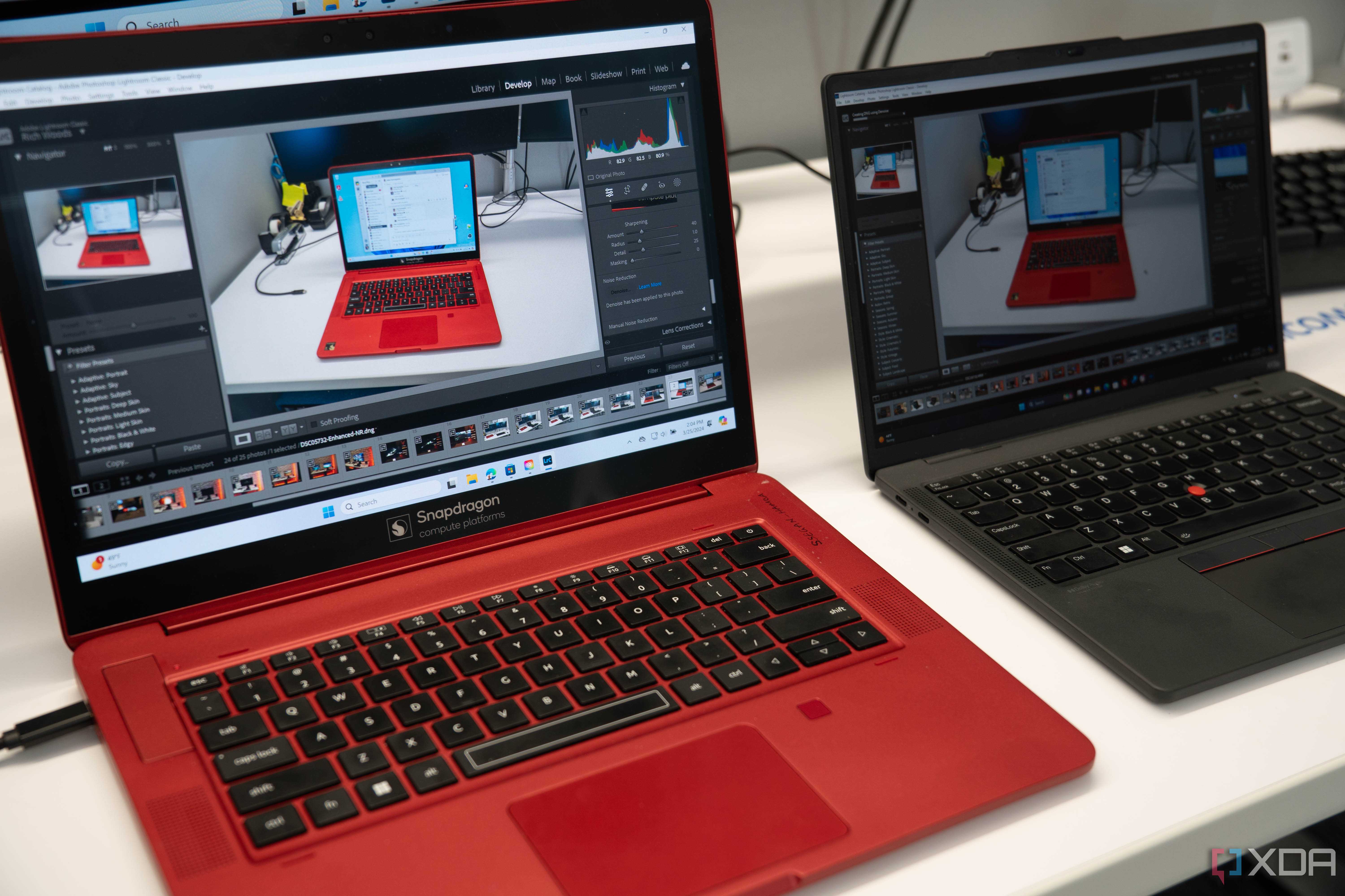 A snapdragon Snapdragon X Elite reference design next to an Intel laptop running the same workload