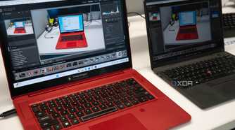 A snapdragon Snapdragon X Elite reference design next to an Intel laptop running the same workload