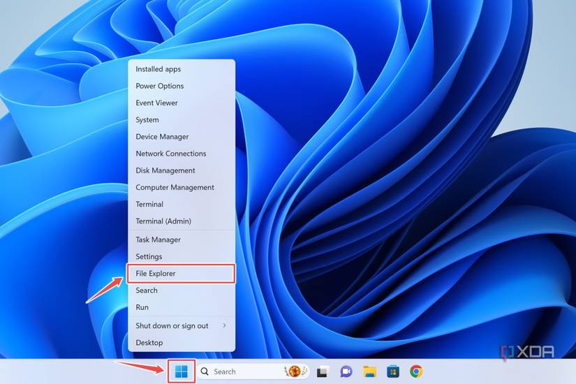 A Windows 11 desktop with the Start button and File Explorer highlighted