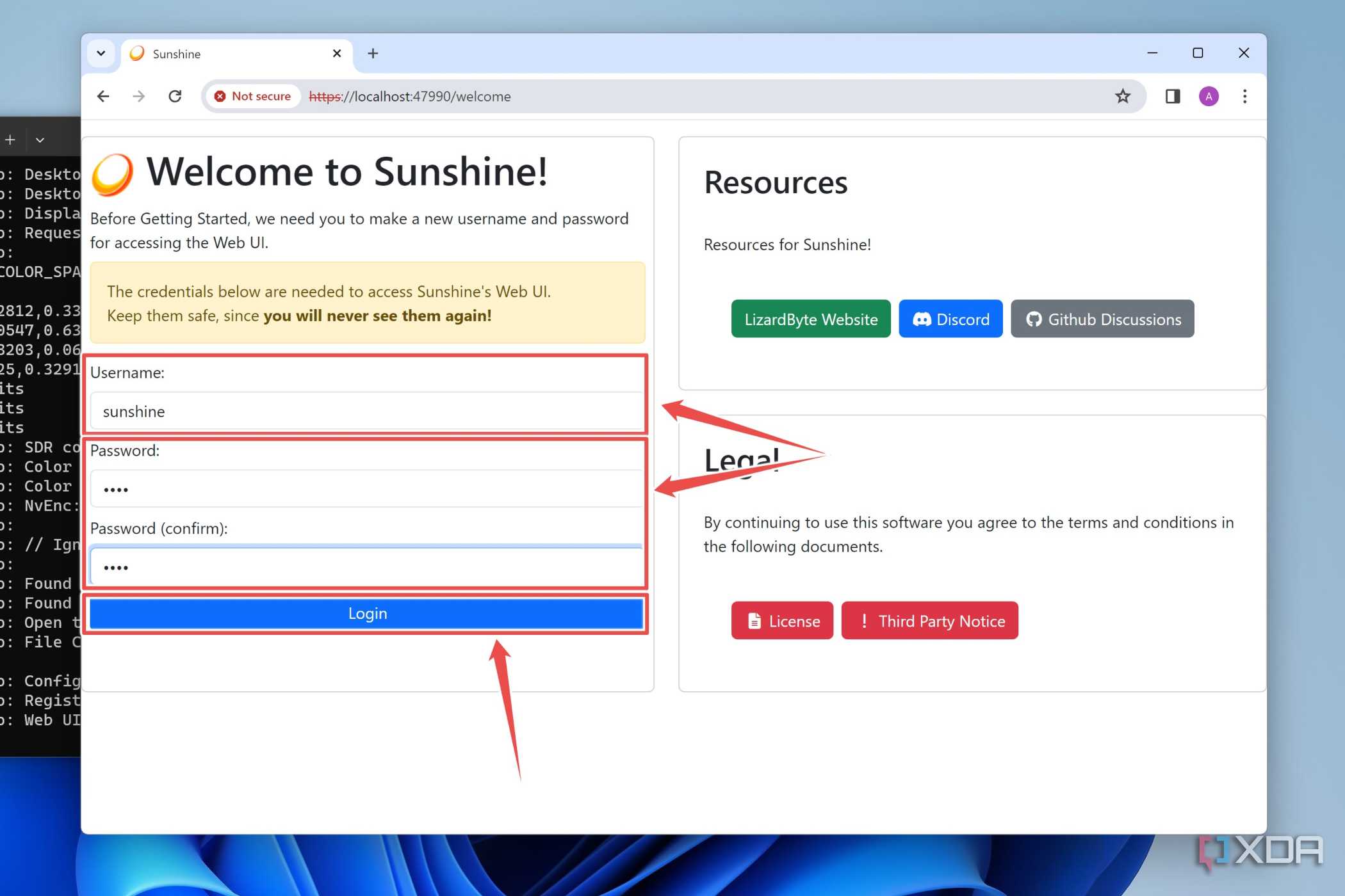 The procedure to set the log-in credentials for Sunshine's web UI