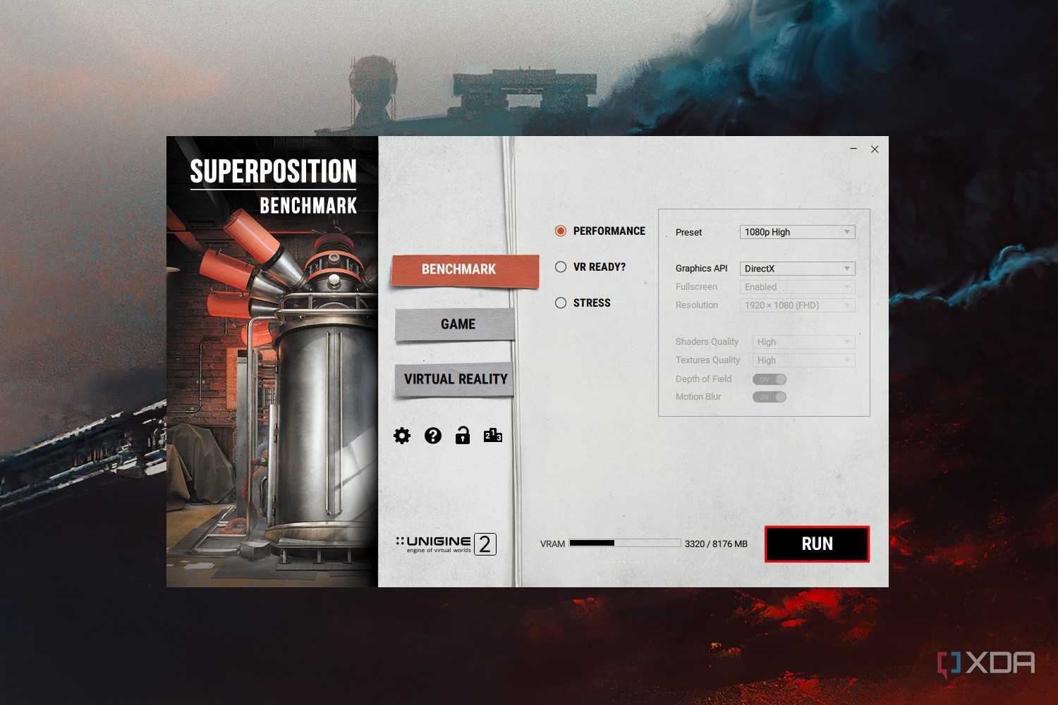 Windows 11 screenshot that highlights the Run button within the Superposition app.
