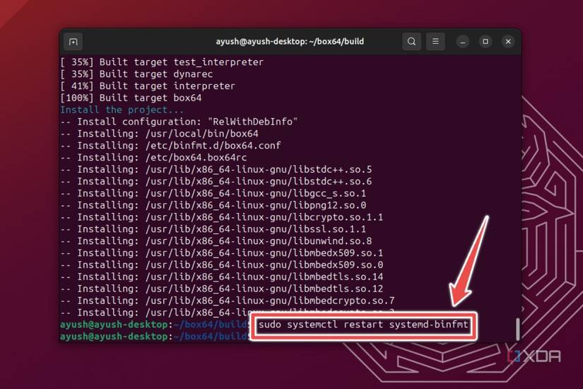 The Ubuntu terminal with the restart systemd-binfmt command highlighted