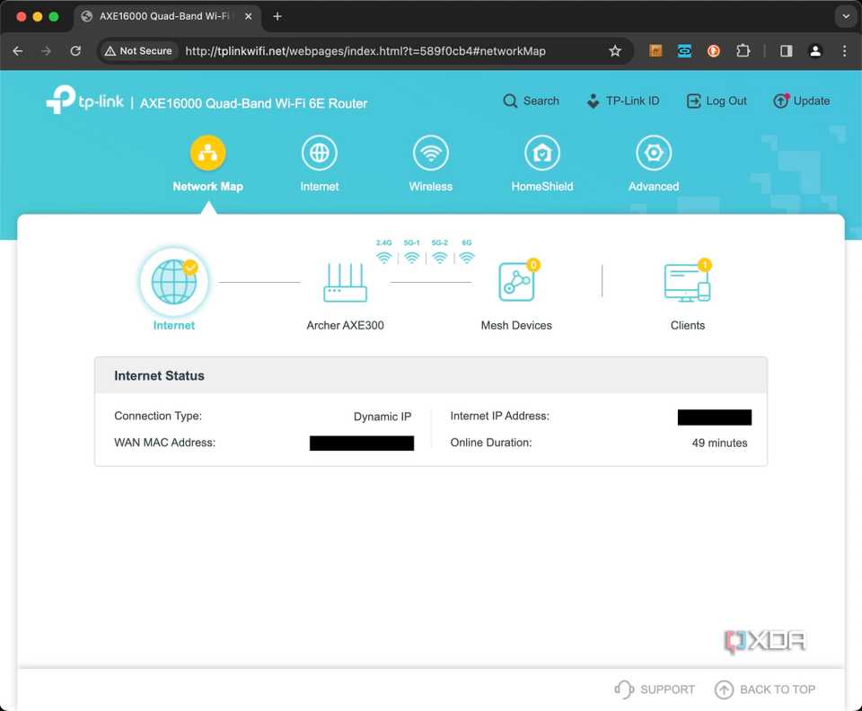 TP-Link main settings page web browser
