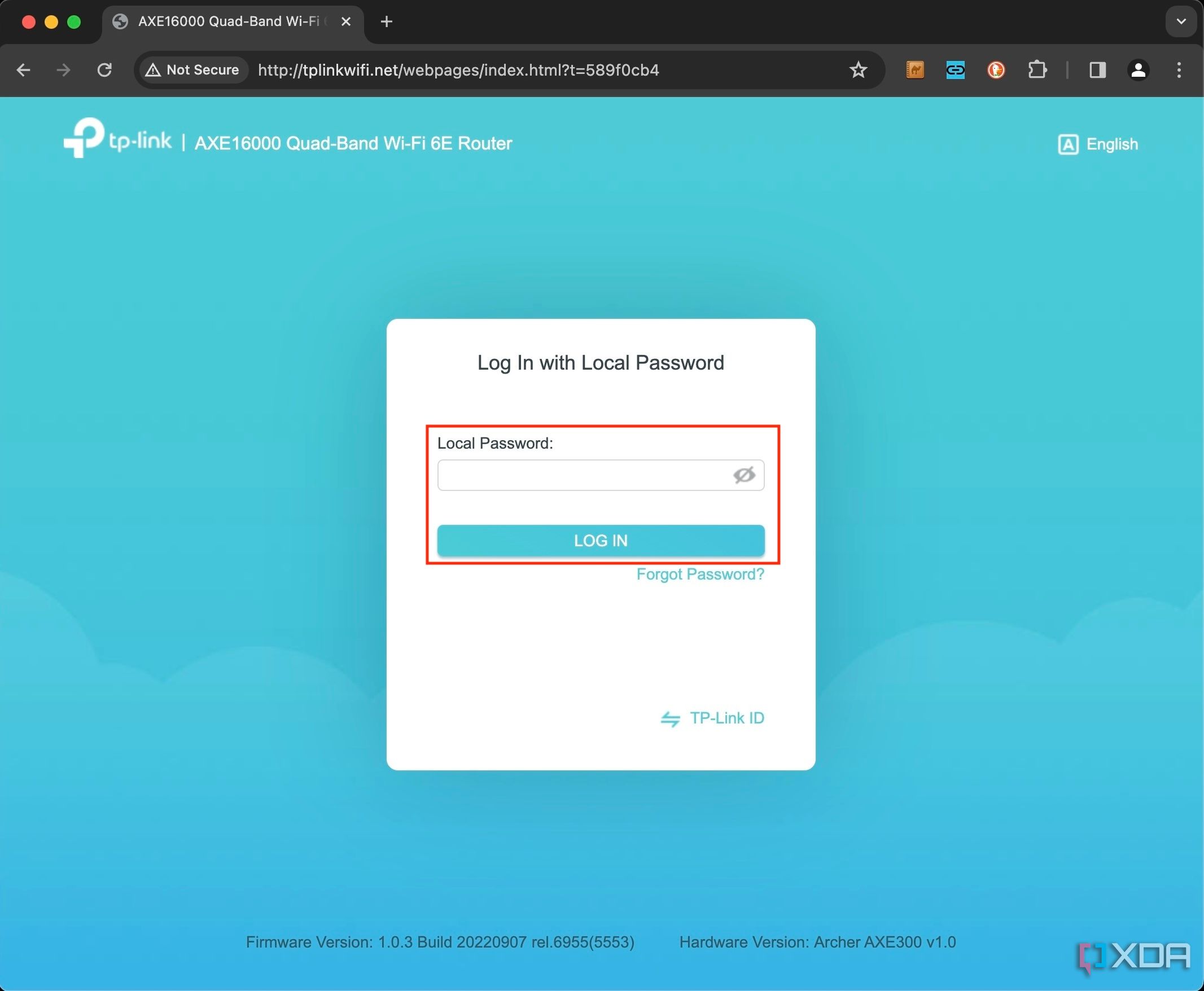 TP-Link router login page in a web browser enter local password