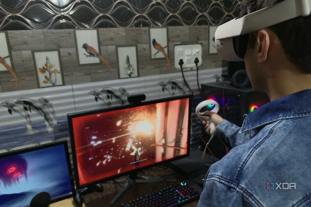 A person playing Trepang2 on the Meta Quest 2 via UEVR