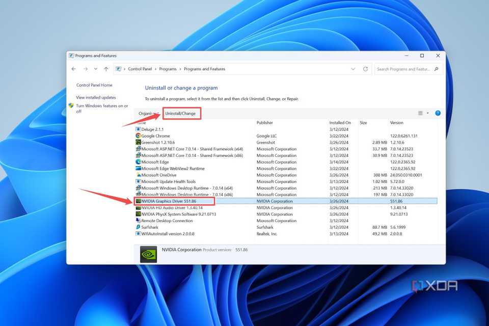 The Control Panel with the Nvidia Graphics Driver and Uninstall/Change highlighted