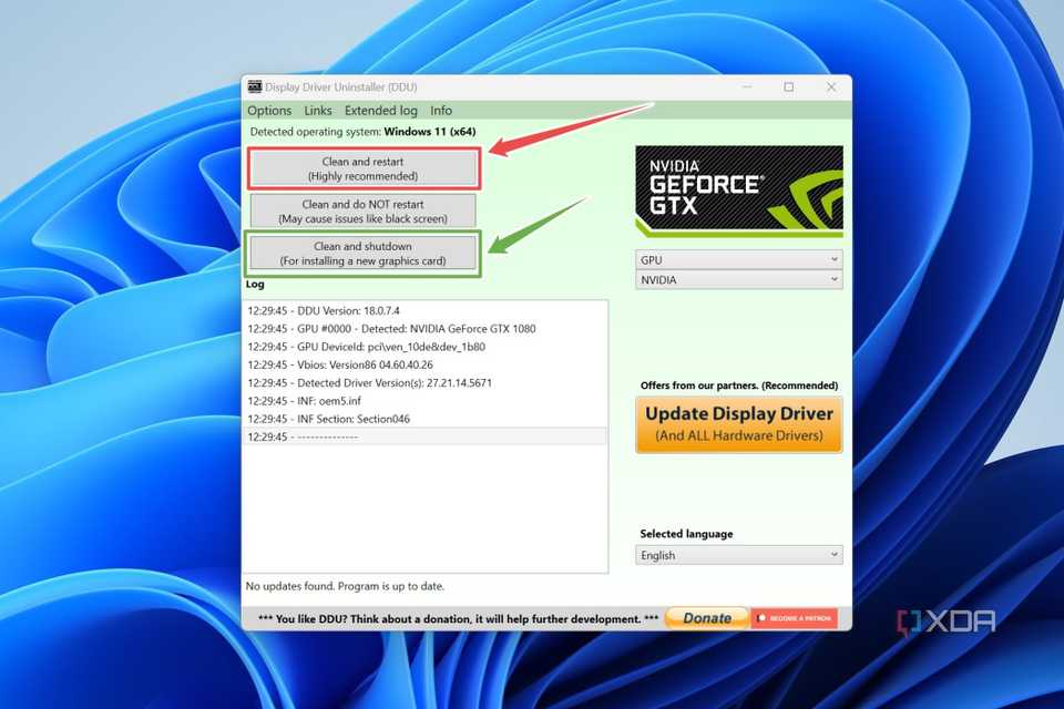 The procedure to uninstall GPU drivers via DDU