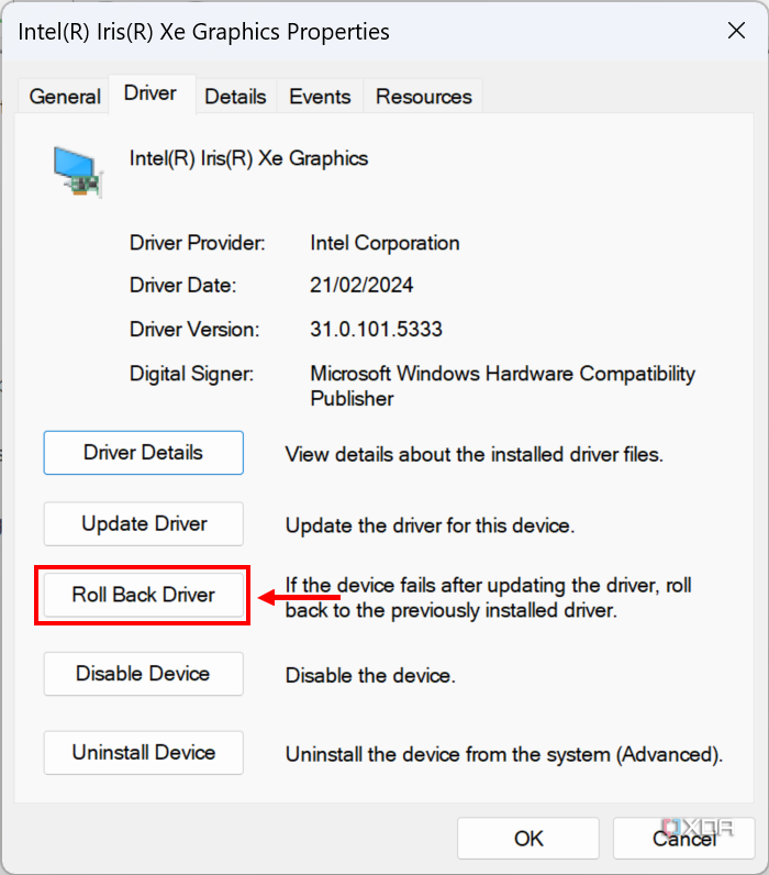 Screenshot of a device's properties with the roll back driver button highlighted
