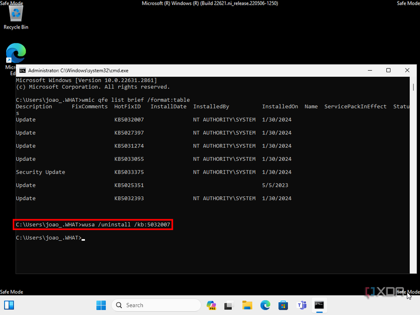 Screenshot of a CMD command to uninstall a specific update