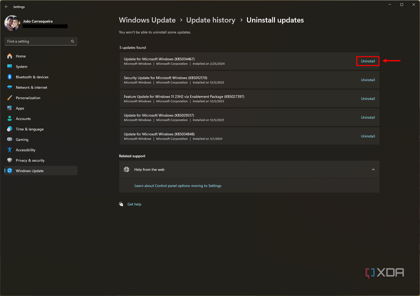 Screenshot of Uninstall updates page in Windows 11 Settings