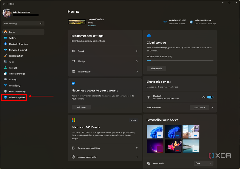 Screenshot of the Windows 11 Settings app with the Windows Update section highlighted in the main menu