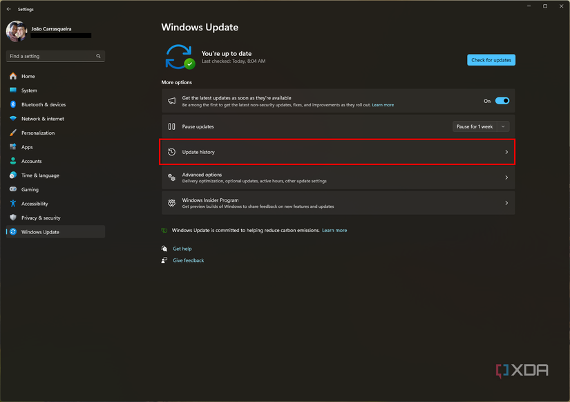 Screenshot of Window Update with the Update History button highlighted