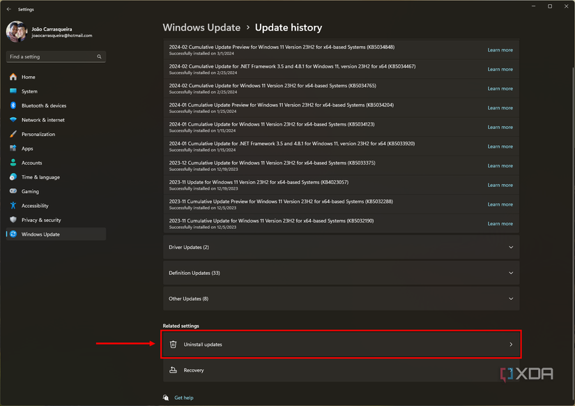 Screenshot of Update History in Windows 11 with the Uninstall updates button highlighted