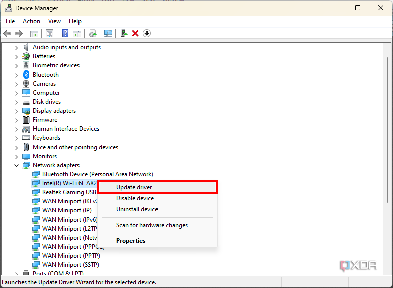 Screenshot of Device Manager showing the option to update a driver for a device