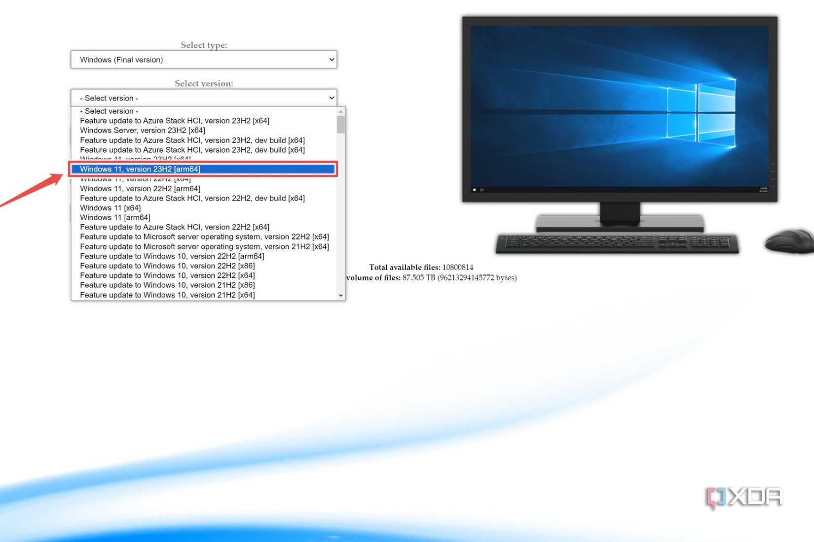 The UUP dump mirror with the Windows 11 23H2 ARM64 ISO selected