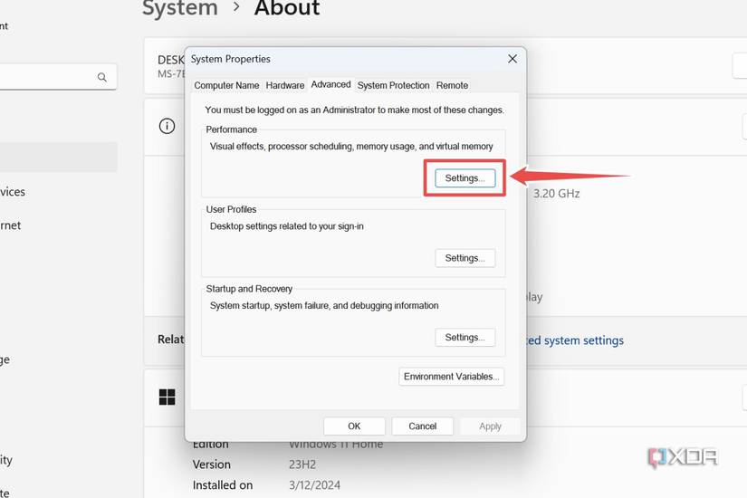The performance settings inside System Properties
