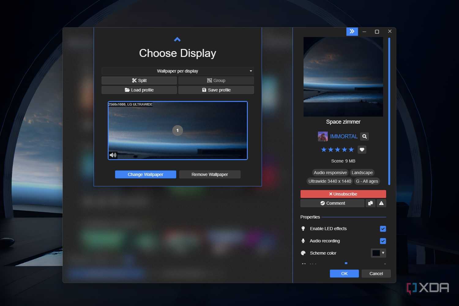 Windows 11 screenshot that highlights the Displays tab settings within the Wallpaper Engine app.