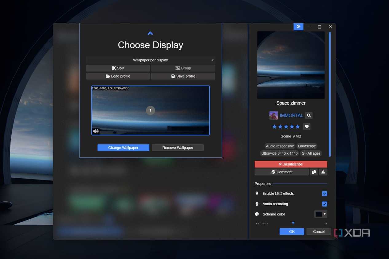 Windows 11 screenshot that highlights the Displays tab settings within the Wallpaper Engine app.