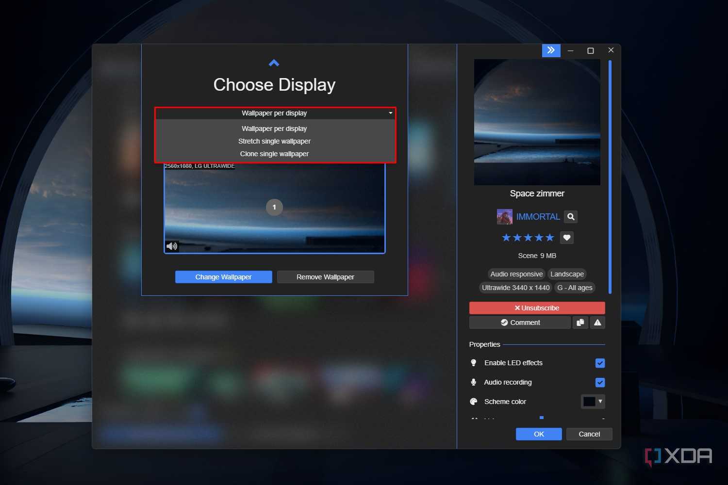 Windows 11 screenshot that highlights the clone and stretch wallpaper settings within the Wallpaper Engine app.